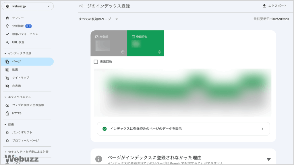Googleサーチコンソールのインデックスレポート。エラーや有効ページの状況を確認できる画面
