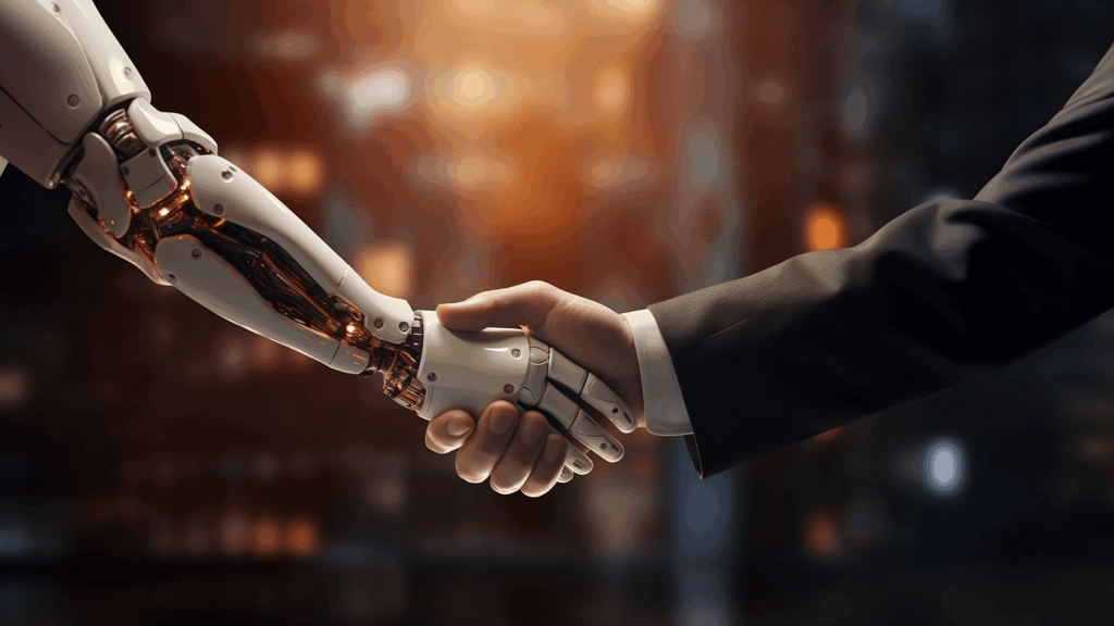 AIのロボットハンドと人の手が握手している象徴的な写真。