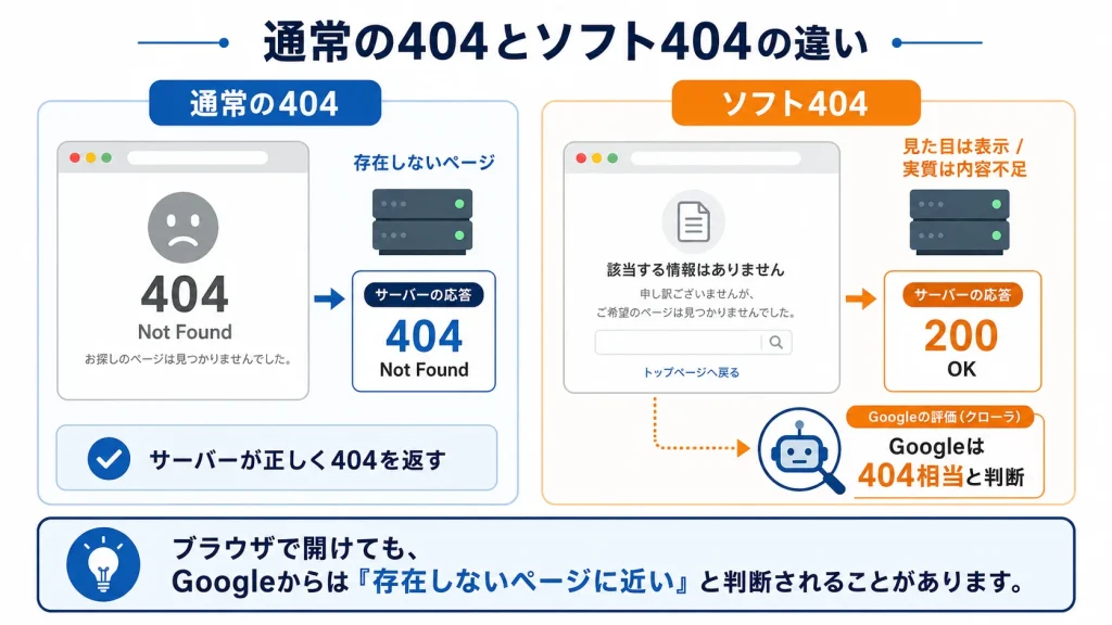通常の404とソフト404の違いを解説した図