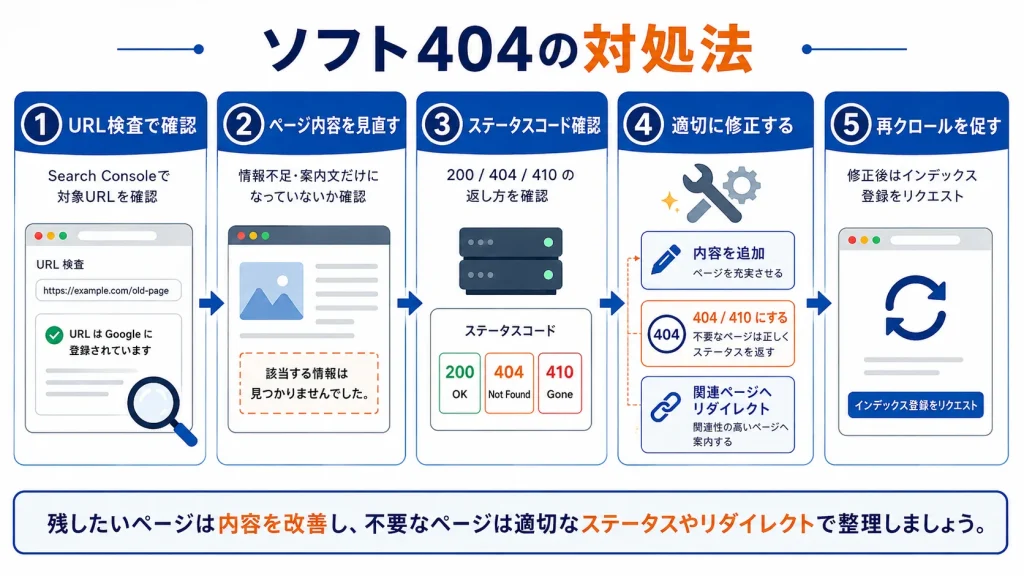 ソフト404の確認方法と対処手順をまとめた図